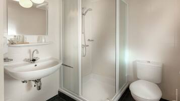 Un baño moderno con ducha de vidrio, lavamanos blanco y un inodoro.