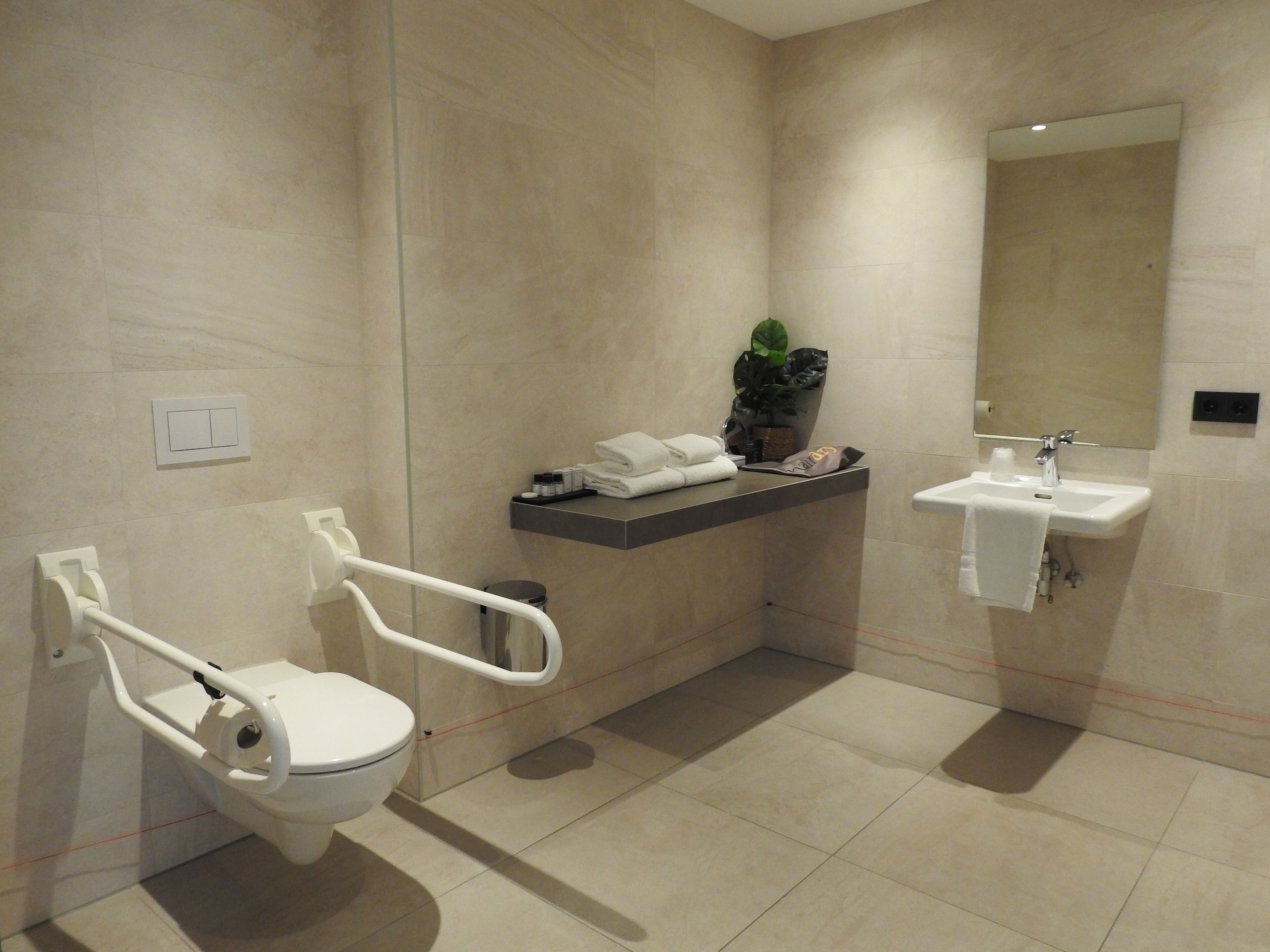 A modern bathroom with a toilet, grab bar, sink, and a mirror.