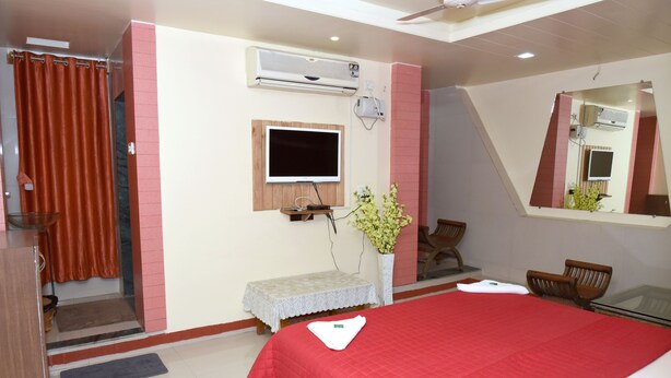 Habitación de hotel con cama, televisor, espejo, una mesita y una planta en maceta.