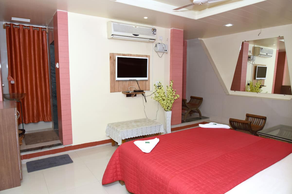 Habitación de hotel con cama, televisor, espejo, una mesita y una planta en maceta.
