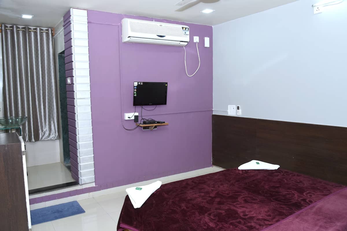 Una habitación con cama, televisión, aire acondicionado y espejo.