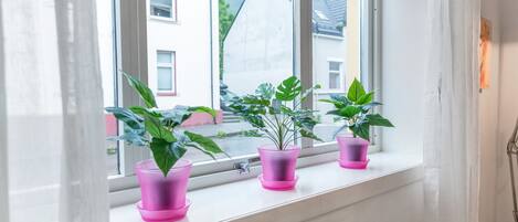 A window sill with three potted plants in pink pots.