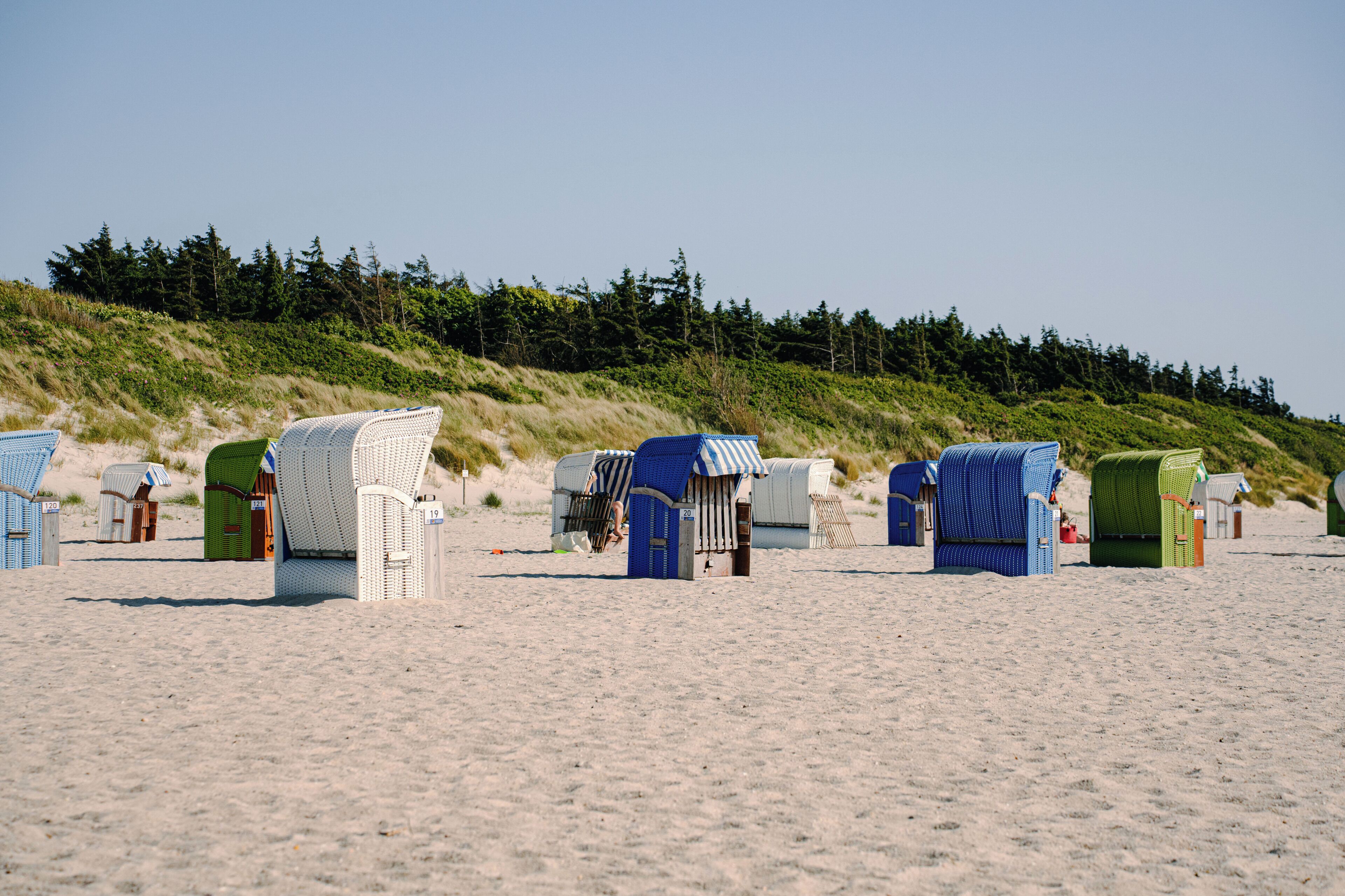 Beach huts with a sandy beach and forested hill in the background.