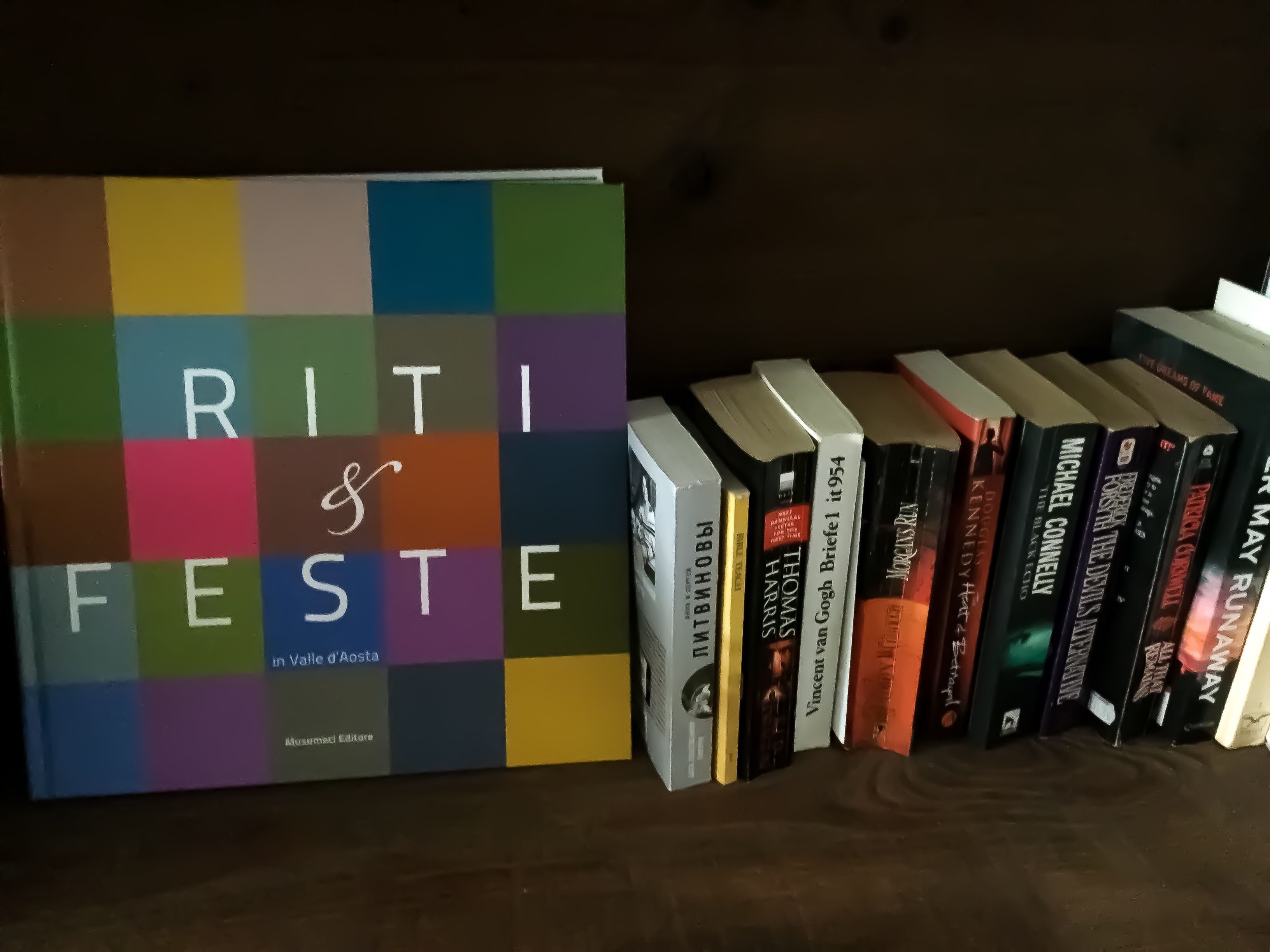 A bookshelf with a colorful book titled "RITI & FESTE" and several other books.