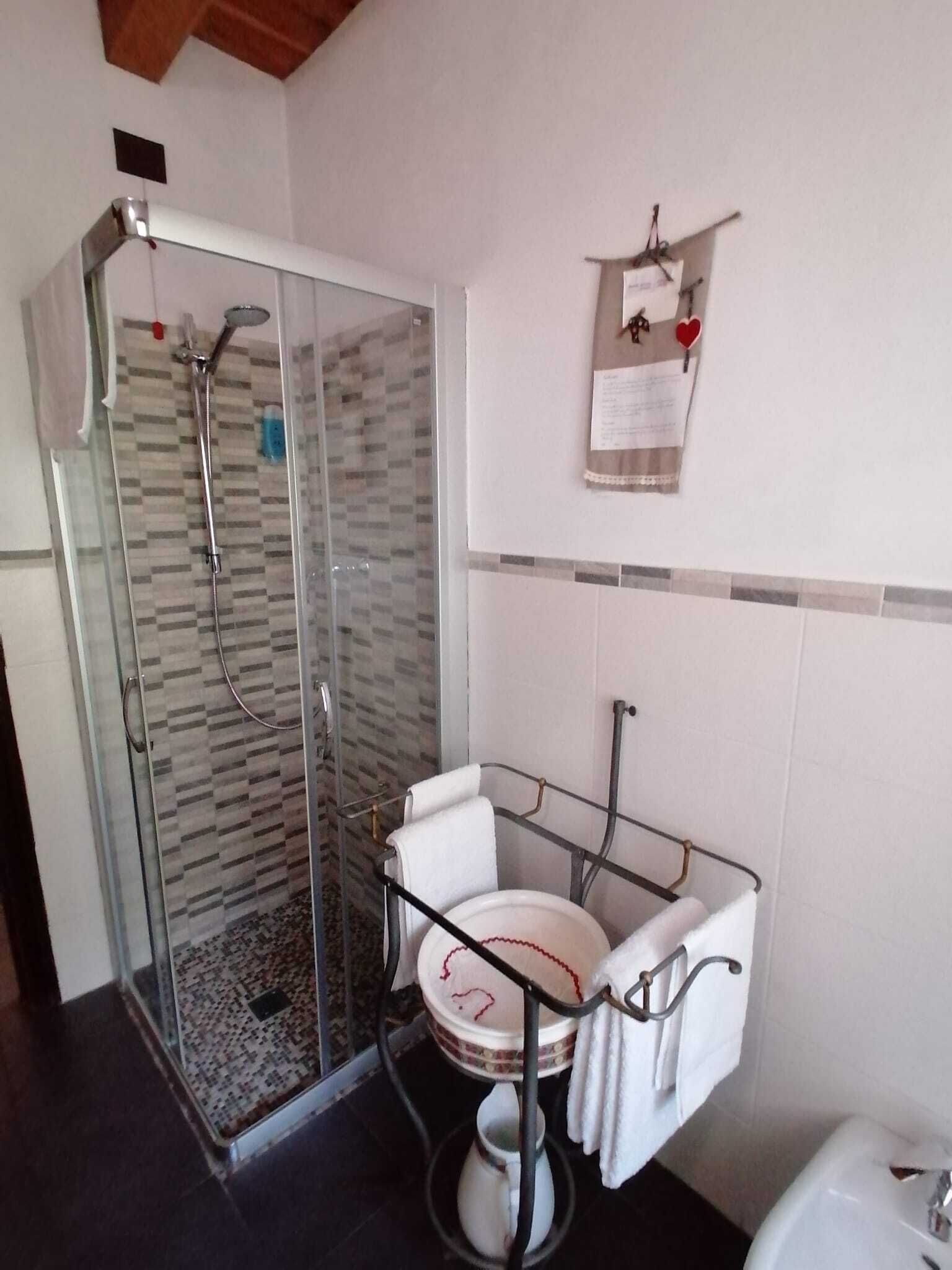 Un baño con ducha de vidrio, un inodoro con estructura metálica y un dispensador de papel de pared.