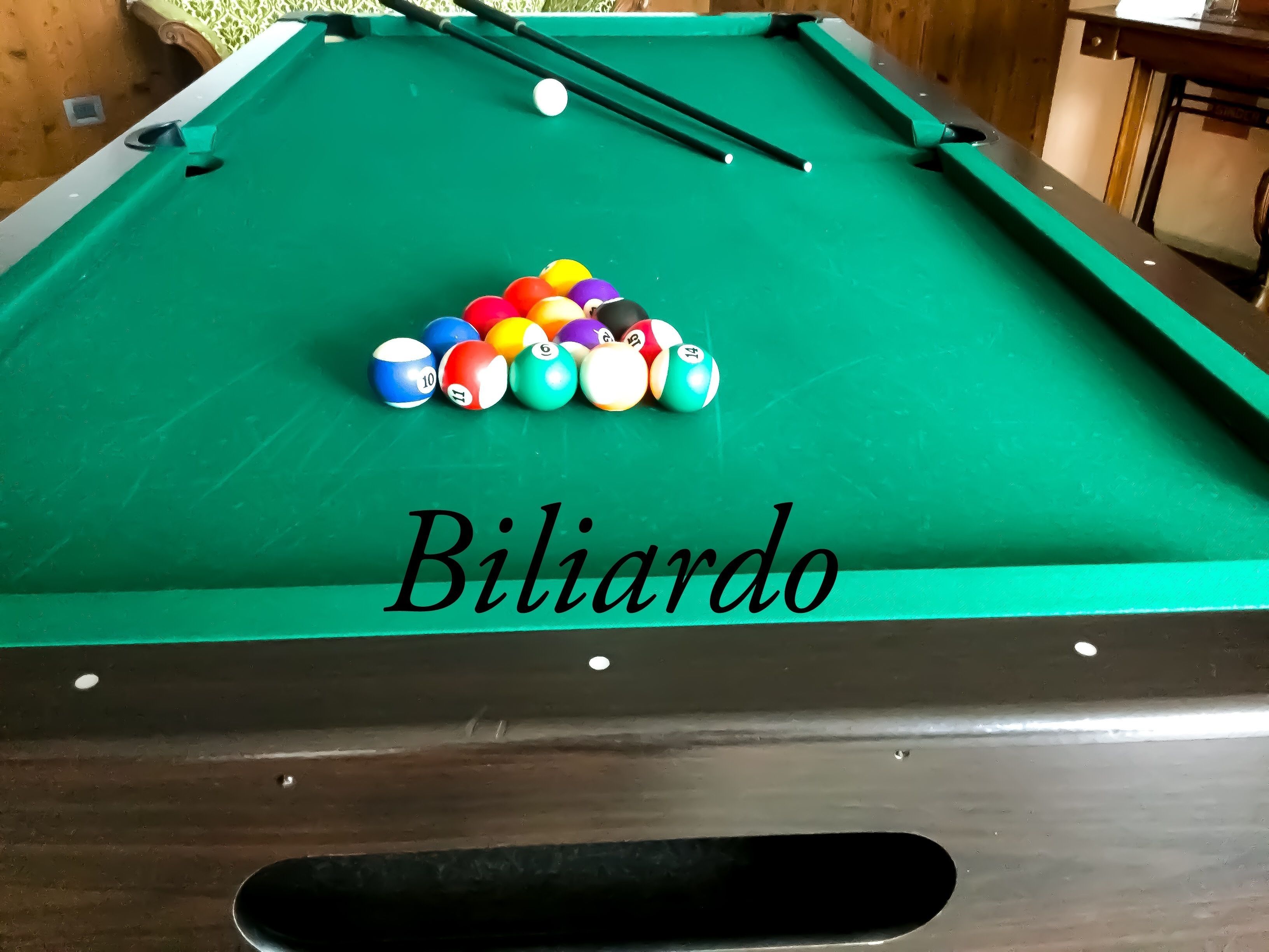 A billiards table with a green felt surface and the word "Biliardo" written on it.