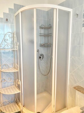 Shower, hair dryer, towels
