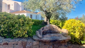 A stone wall with a grill, a large olive tree, and a white building with a tiled roof. - Solaria Apartment III (Budoni)