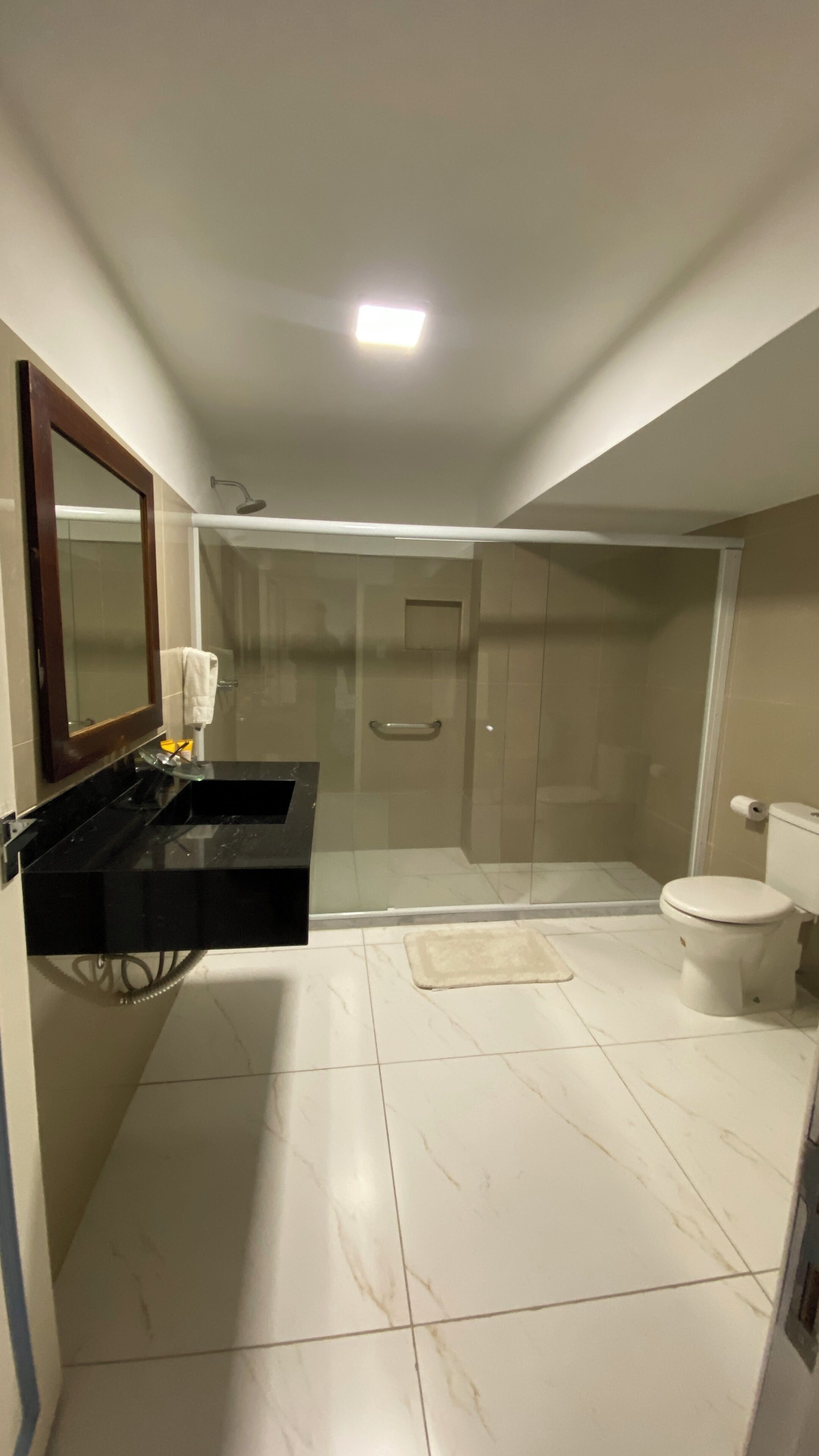 A modern bathroom with a glass-enclosed shower, a white toilet, and a black vanity with a mirror.