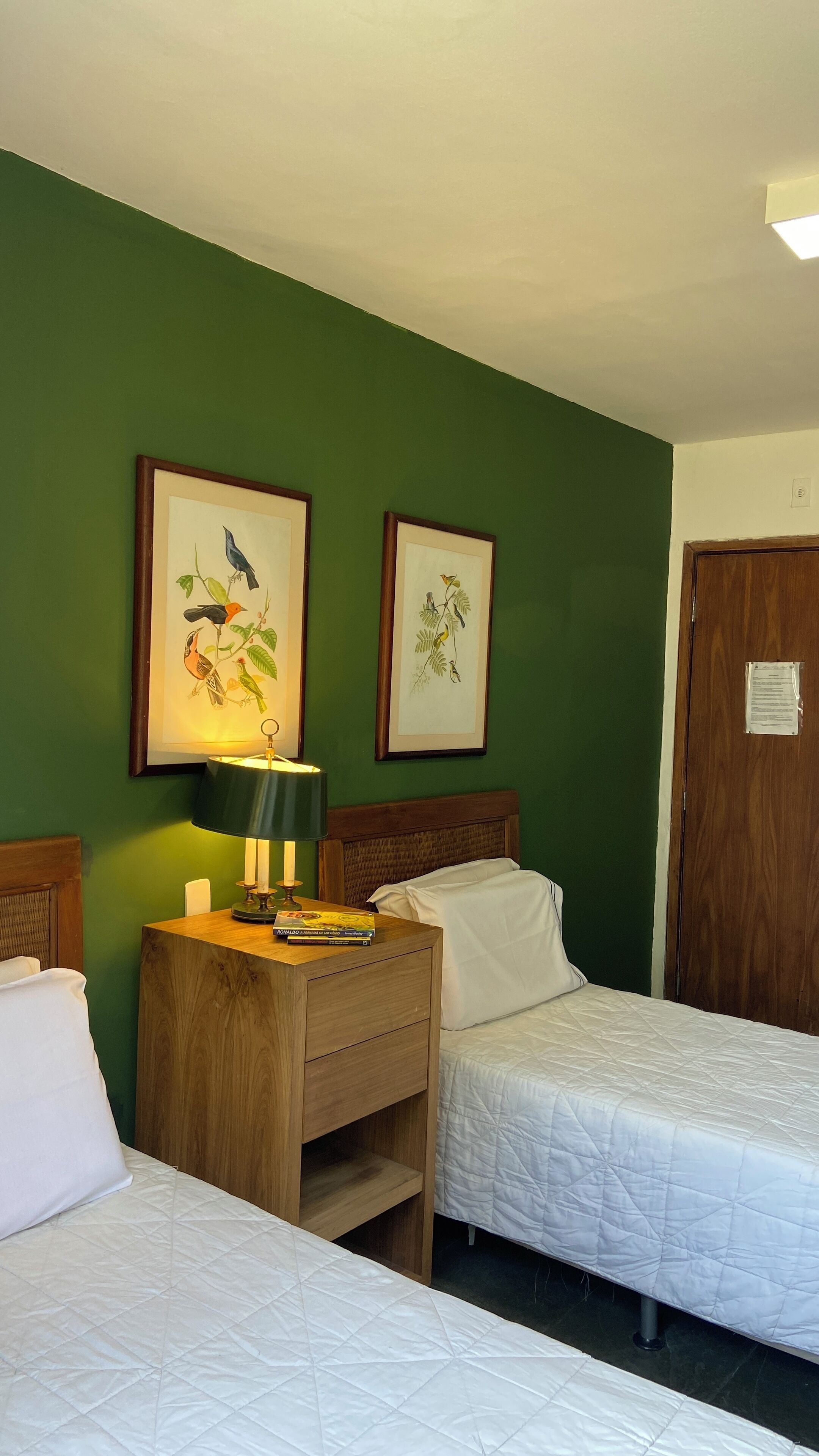 Ein Hotelzimmer mit zwei Einzelbetten, einem Nachttisch aus Holz mit einer Lampe und zwei gerahmten Pflanzenbildern an der grünen Wand.
