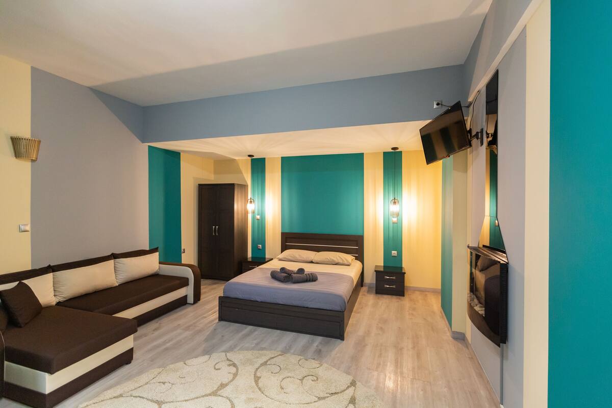 A bedroom with a bed, a sofa, a TV, and a door.