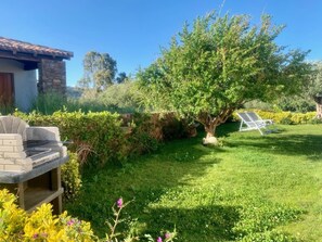 Un jardin avec un barbecue, un arbre et une chaise longue.