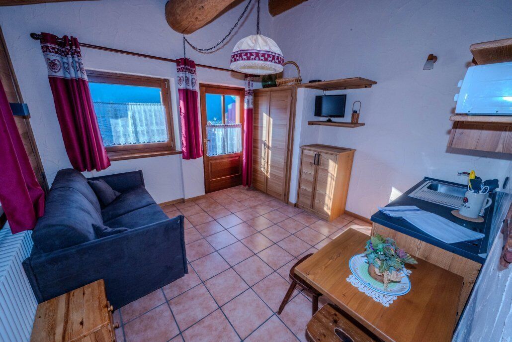 A compact living space with a sofa, a dining table, a television, and a kitchenette area.