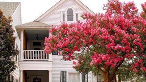 A two-story house with a balcony and a tree with pink flowers in front. - Rising Sun Bed & Breakfast (Natchez)