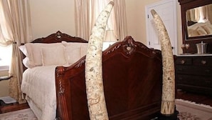 A bedroom with a wooden bed, two decorative tusks, a dresser, and a mirror. - Rising Sun Bed & Breakfast (Natchez)