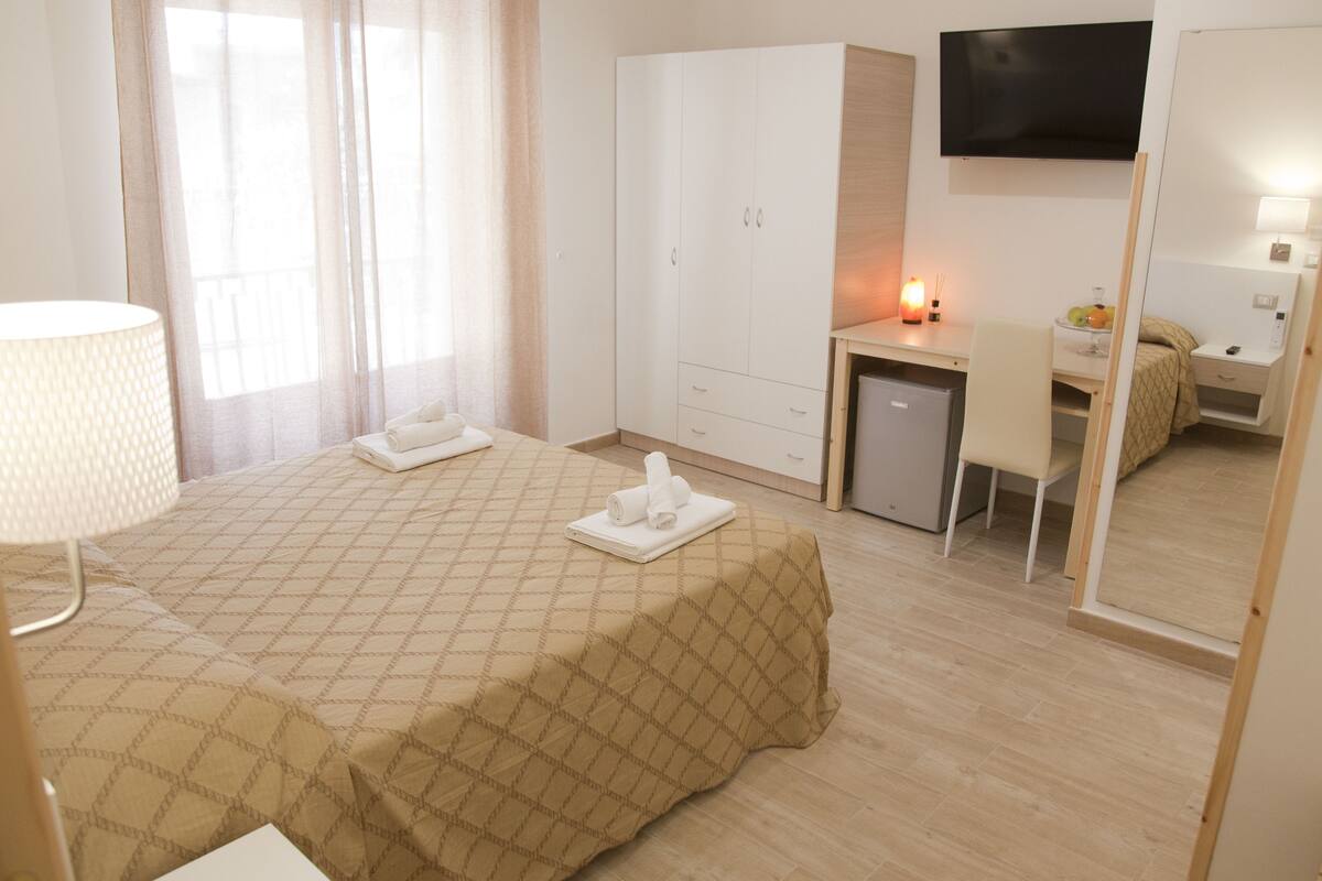 A hotel room with a bed, a desk, a TV, and a mirror.