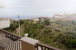A balcony with a view of a residential area, including houses and greenery.