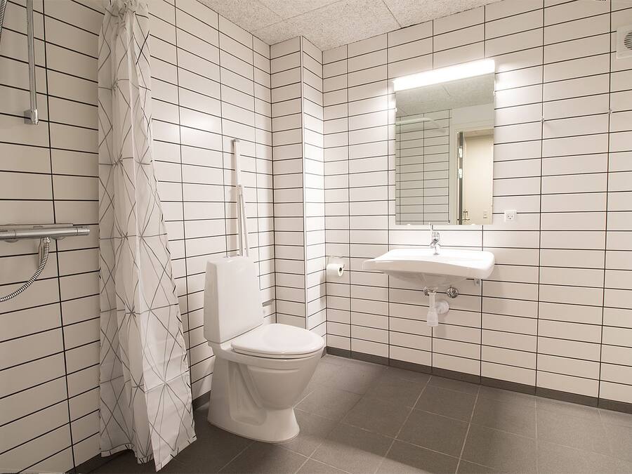 Un baño con inodoro, lavabo y ducha.