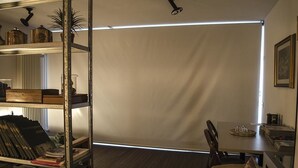 A room with a large white projection screen, wooden flooring, a desk with a chair, and shelves with books and decorative items. - Bed & Breakfast San Lazzaro Room (San Lazzaro di Savena)