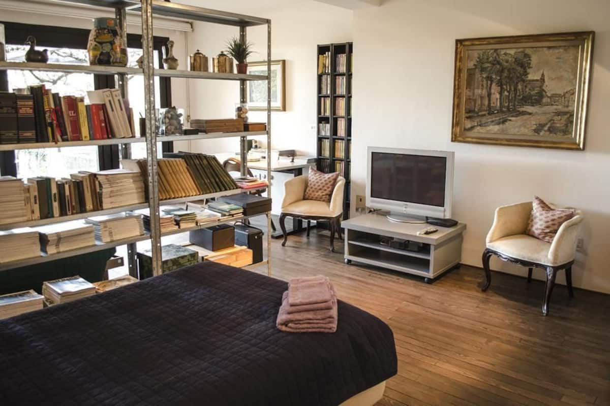 Une pièce comprenant un lit, une télévision, une bibliothèque et une chaise.