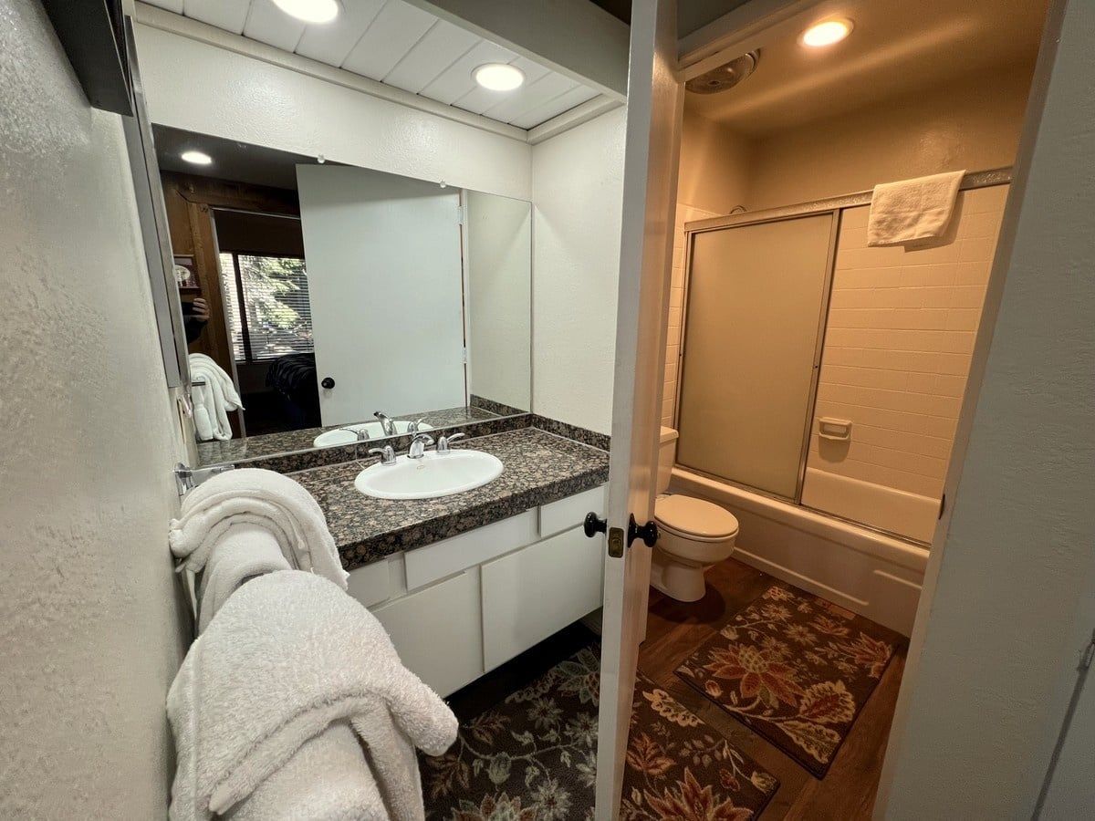 Een badkamer met een wastafel, spiegel, toilet en douche.