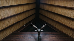 A narrow wooden corridor with a dark wooden floor and a sculpture of a deer head at the end. - Batan Sabo Cottage (Penida Island)