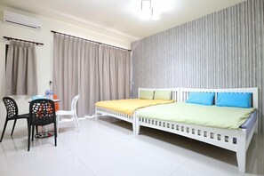 Desk, blackout curtains, free WiFi, bed sheets
