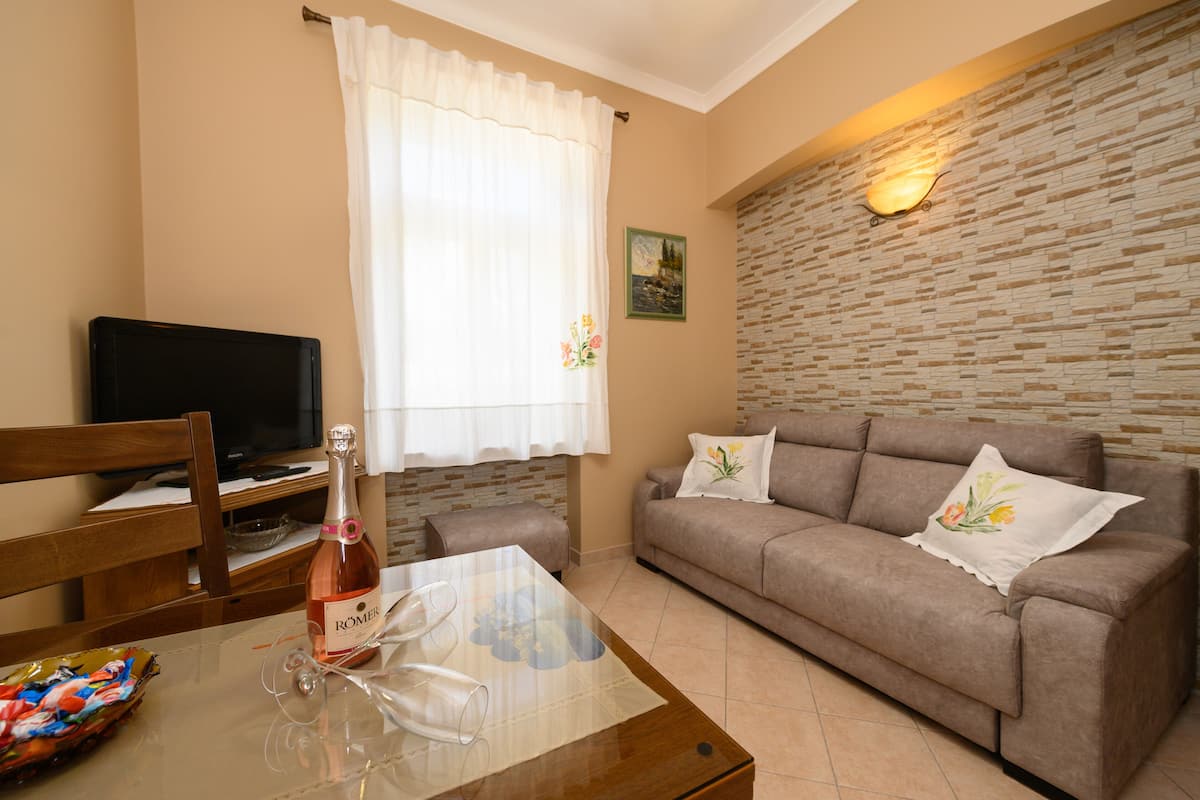 A living room with a sofa, a television, a table with a bottle and glasses, and a brick-patterned wall.