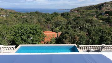 A pool with a view of a coastal landscape, including trees and a distant view of the sea.