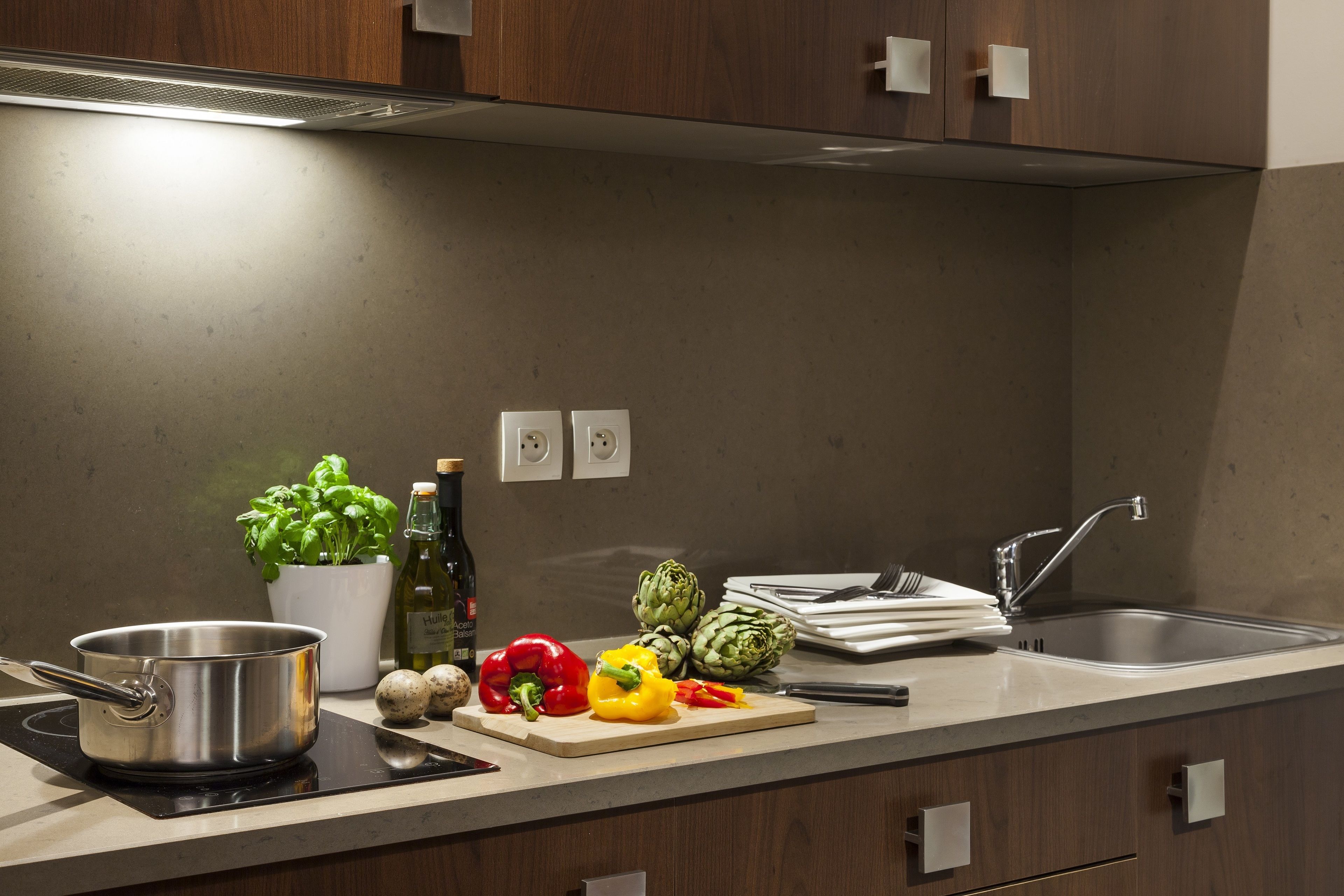 Uma cozinha moderna com fogão, pia e bancada. Há vegetais, uma planta e utensílios de cozinha na bancada.