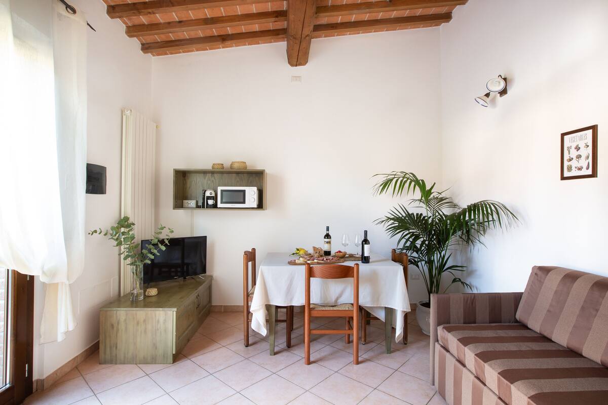 A dining area with a table set for two, a television on a wooden cabinet, and a sofa.