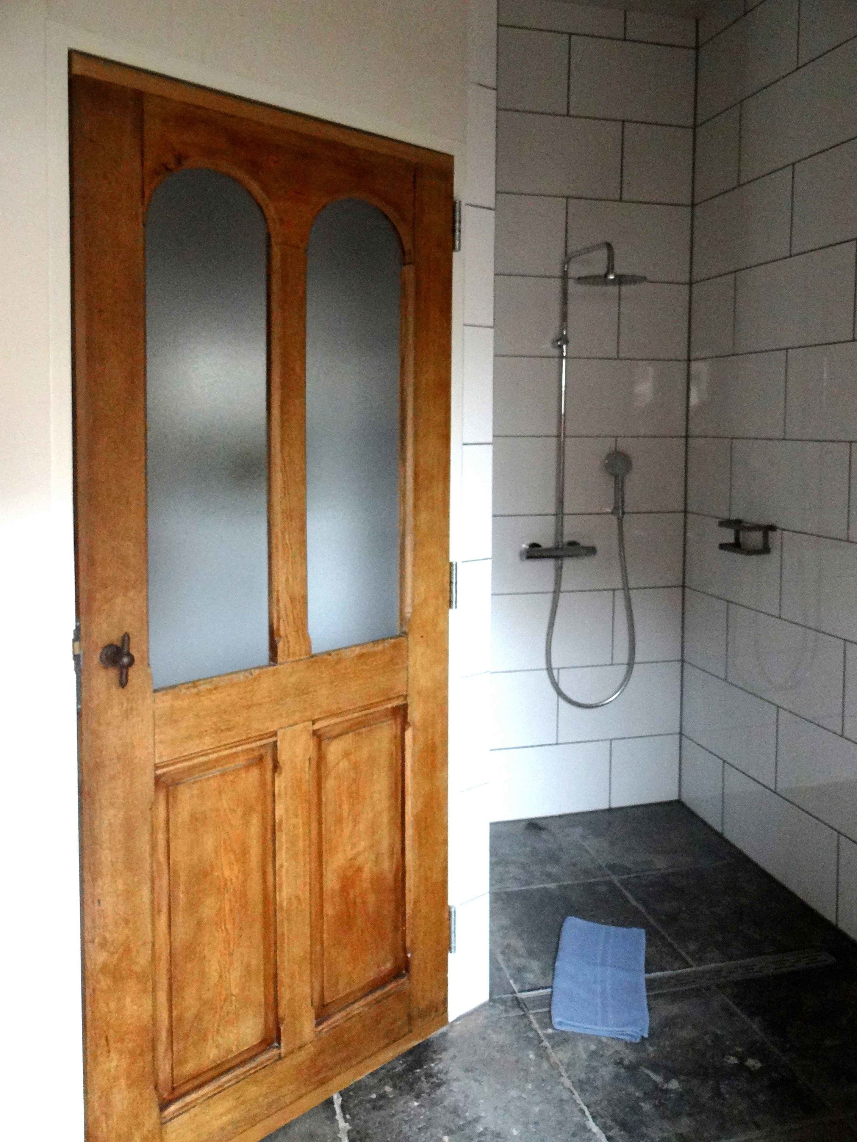 A bathroom with a wooden door, a shower with a handheld showerhead, and a blue towel on the floor.