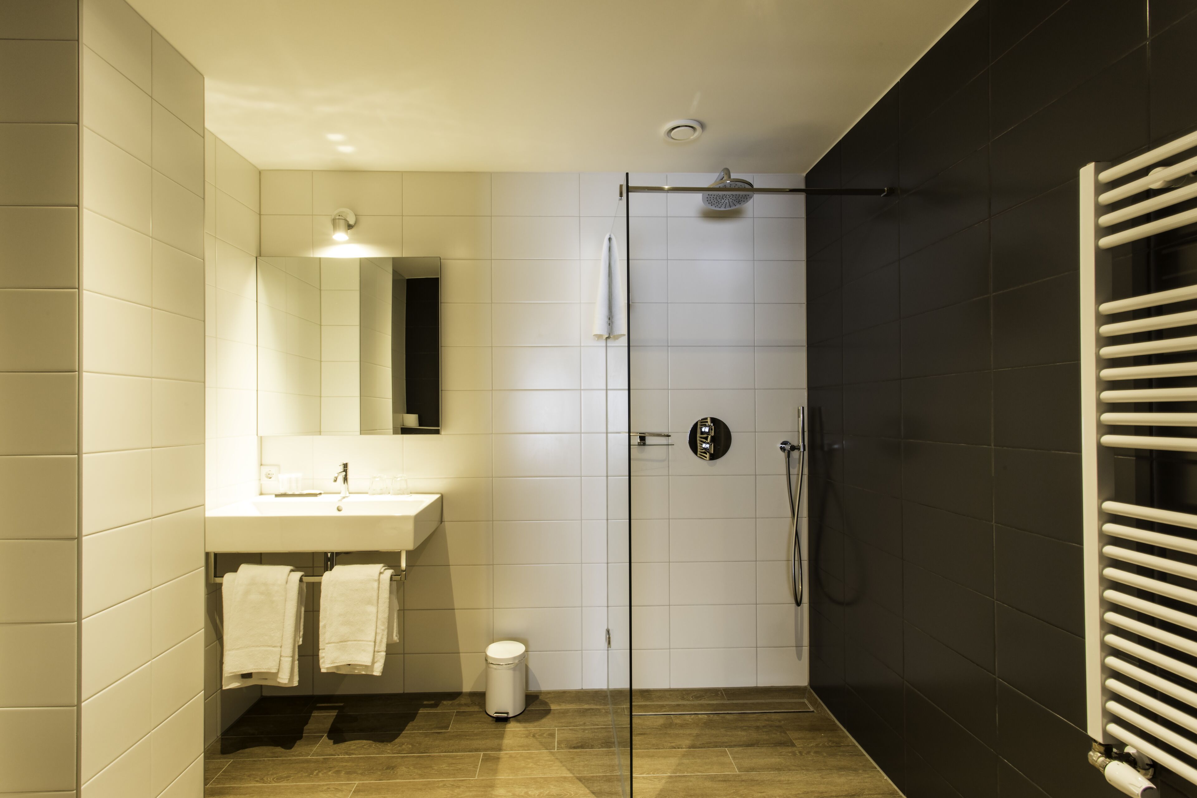 A modern bathroom with a glass shower enclosure, a white sink, and a towel rack.