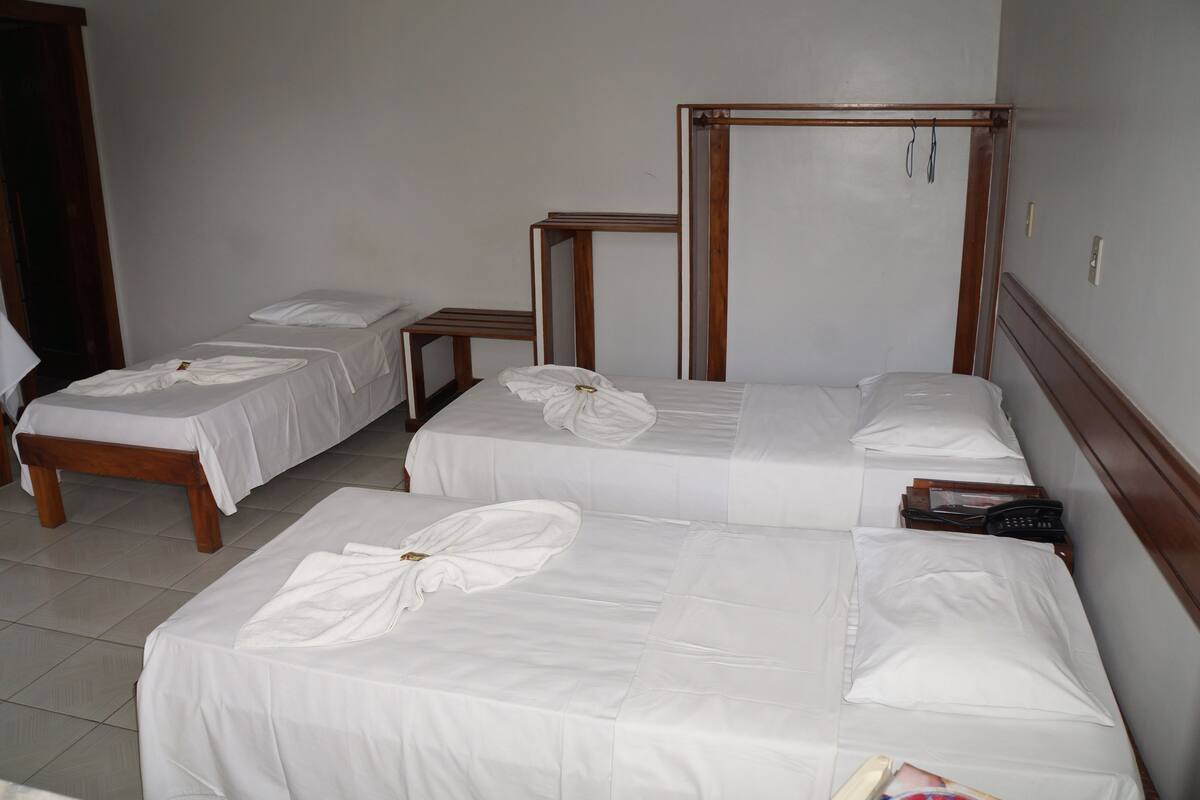 A hotel room with two single beds, a wooden nightstand, and a bedside table.