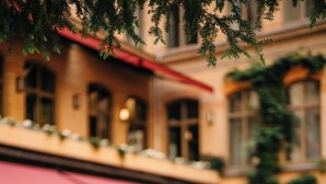 An outdoor cafe with tables and chairs, a building with red awnings in the background, and greenery in the foreground. - TORTUE HAMBURG (Hamburg)