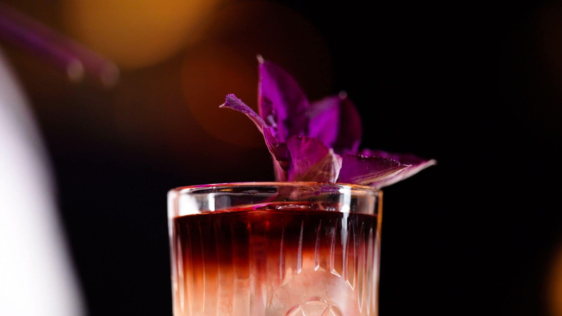 Un verre transparent contenant un liquide foncé, peut-être un cocktail, et décoré d’une feuille violette.