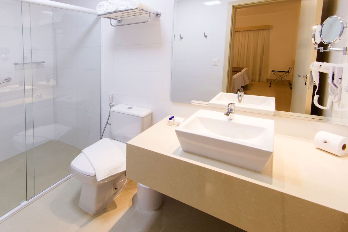 shower, free toiletries, hair dryer, towels