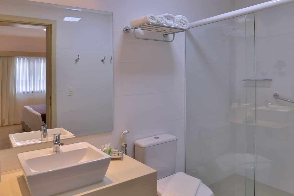 shower, free toiletries, hair dryer, towels