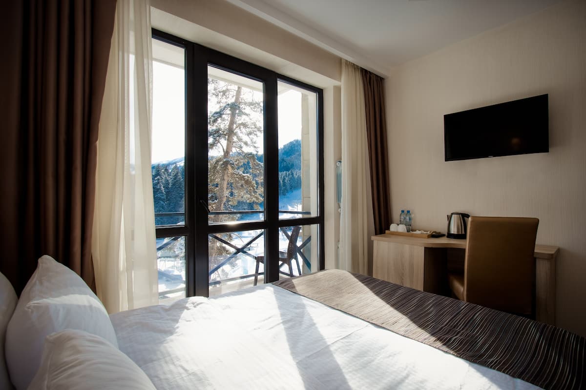 A hotel room with a bed, a desk, a chair, a TV, and a window with a view of mountains.