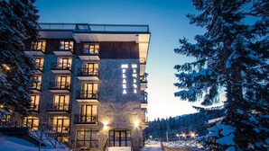 A multi-story hotel with balconies, a stone facade, and a snow-covered landscape. - BM Plaza (Borjomi)