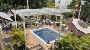 Een dakterras met zwembad, een pergola, zitplaatsen en een trap naar het zwembad.