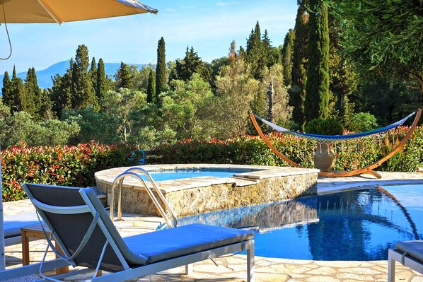 Seasonal outdoor pool, pool umbrellas, pool loungers