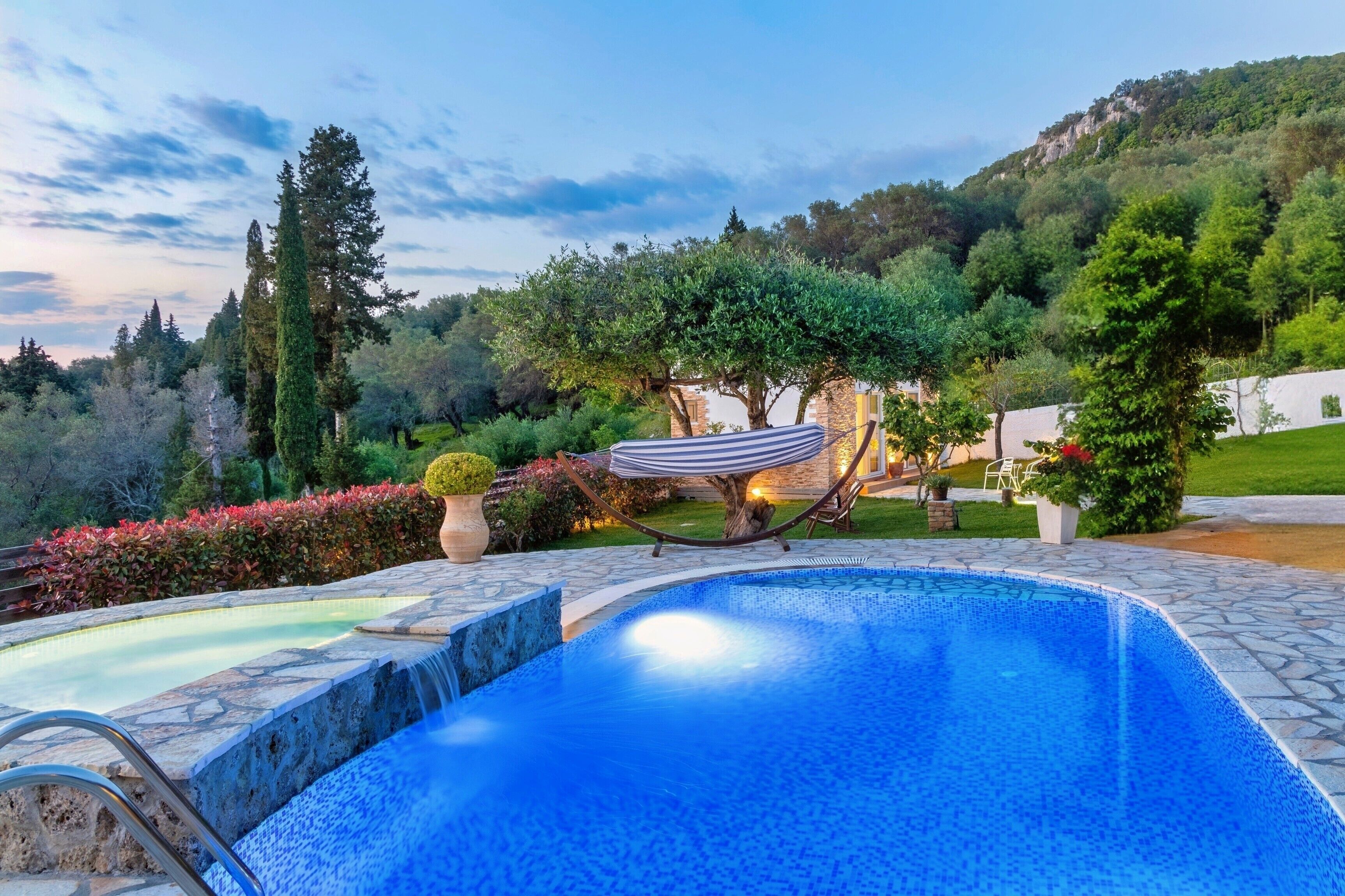 Seasonal outdoor pool, pool umbrellas, pool loungers