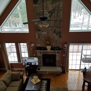 TV, fireplace, DVD player, books