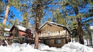 A two-story lodge with a snow-covered path leading to the entrance, surrounded by tall pine trees.