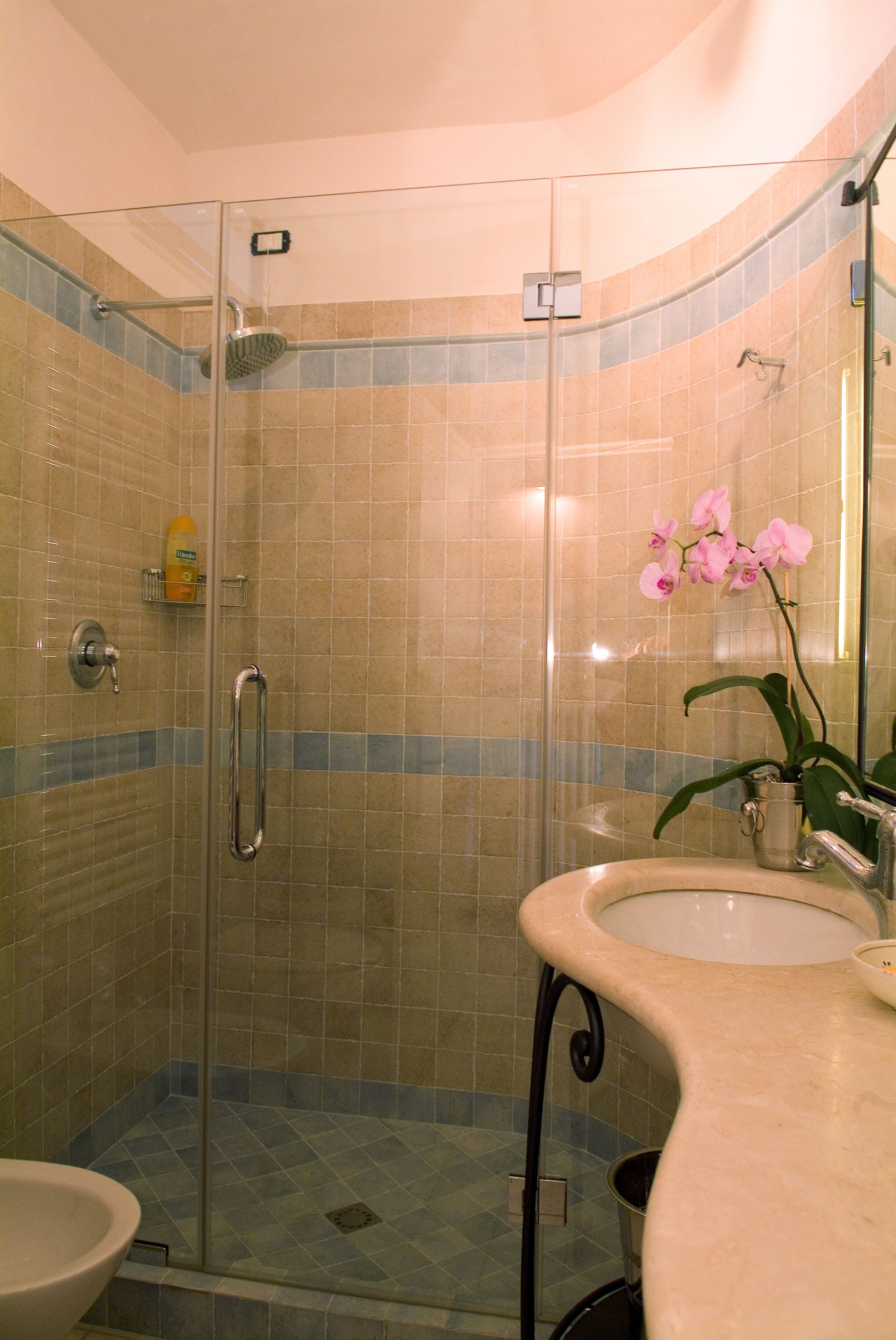 Un baño con ducha separada por mampara de vidrio, un lavamanos y un espejo.