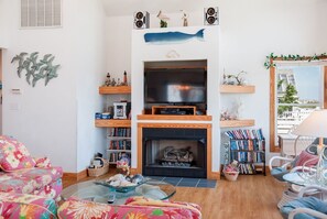 TV, fireplace, DVD player, table football - Brigadune: South Whalehead beach, Private Pool & Spa, Pet-friendly (Corolla)