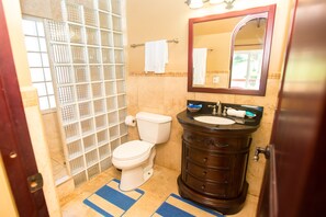 A bathroom with a toilet, sink, and mirror. - Stunning Oceanfront Villa private pool, & Constant Sea Breeze (Roatan)