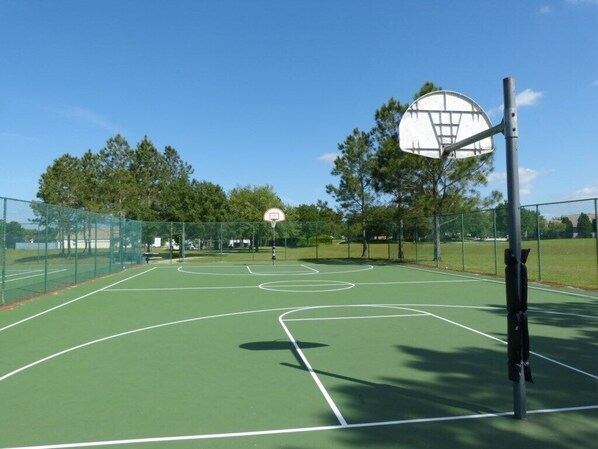 Un terrain de basket avec un panier, entouré d’une clôture et d’arbres.