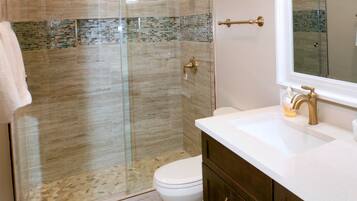 Combined shower/tub, hair dryer, towels, soap